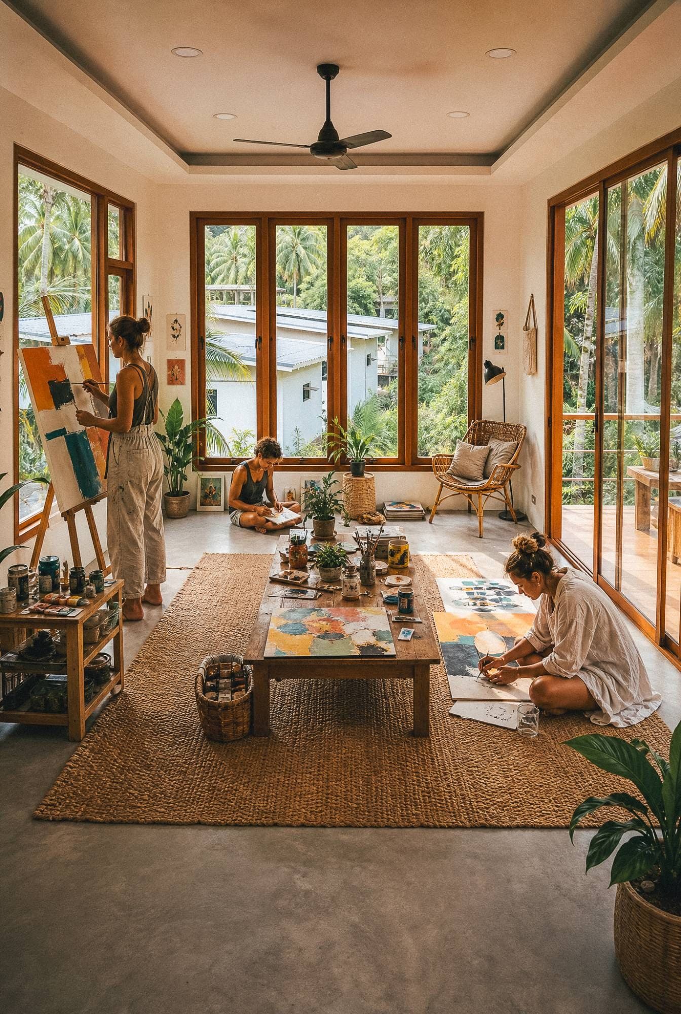 Three artists at work in the bright studio, jungle through the windows