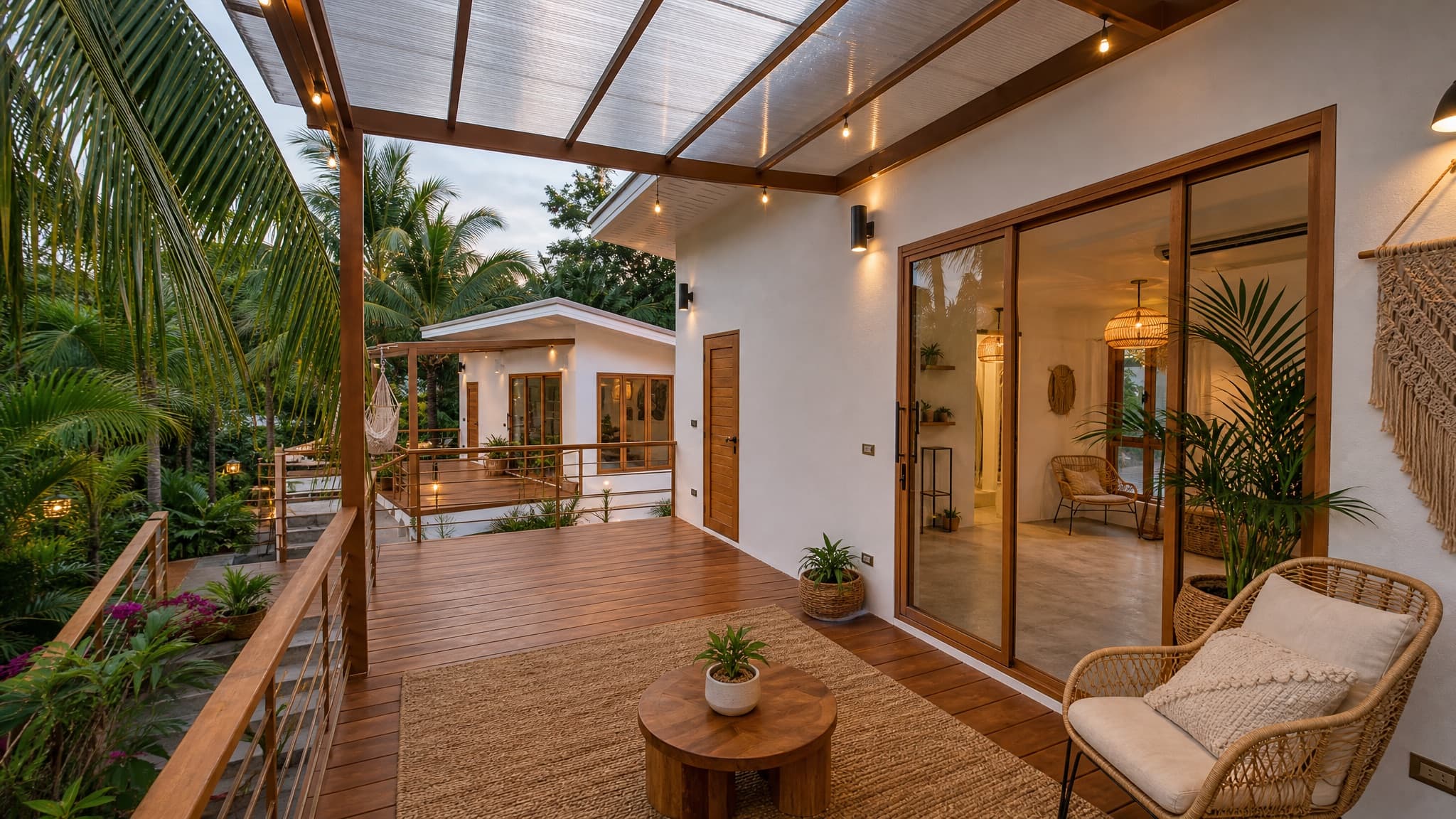The covered terrace connecting the houses, rattan chair, string lights at dusk